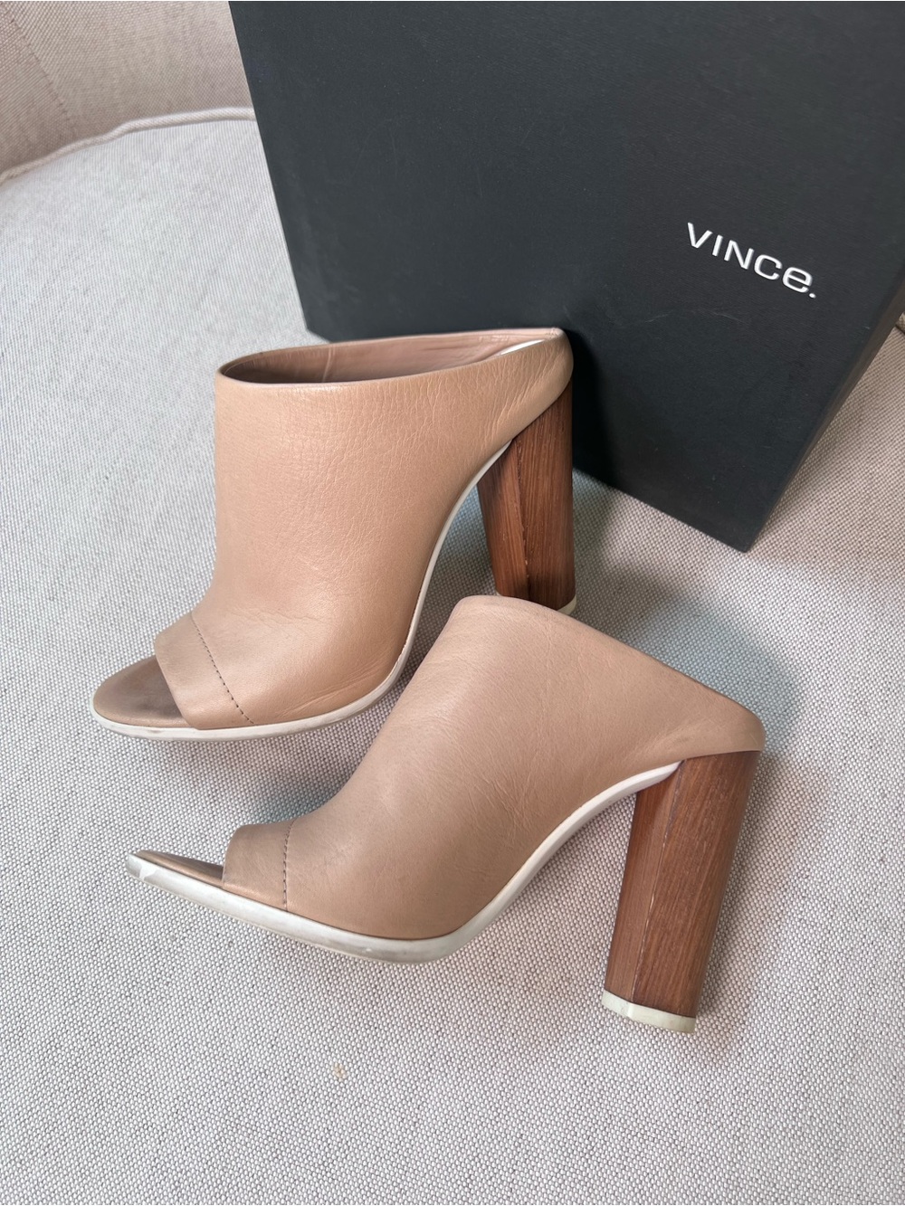 Vince Beige Leather Open-Toe Wood Block Heel Mules